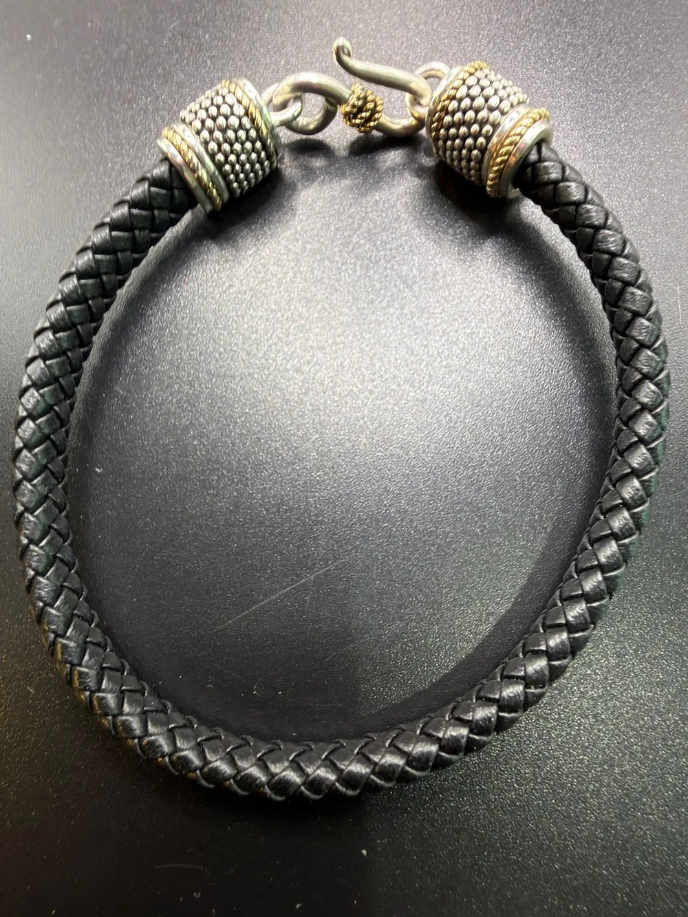 14K 925 STERLING SILVER LEATHER BRAIDED BRACELET UNISEX BLACK EDGY BIKER